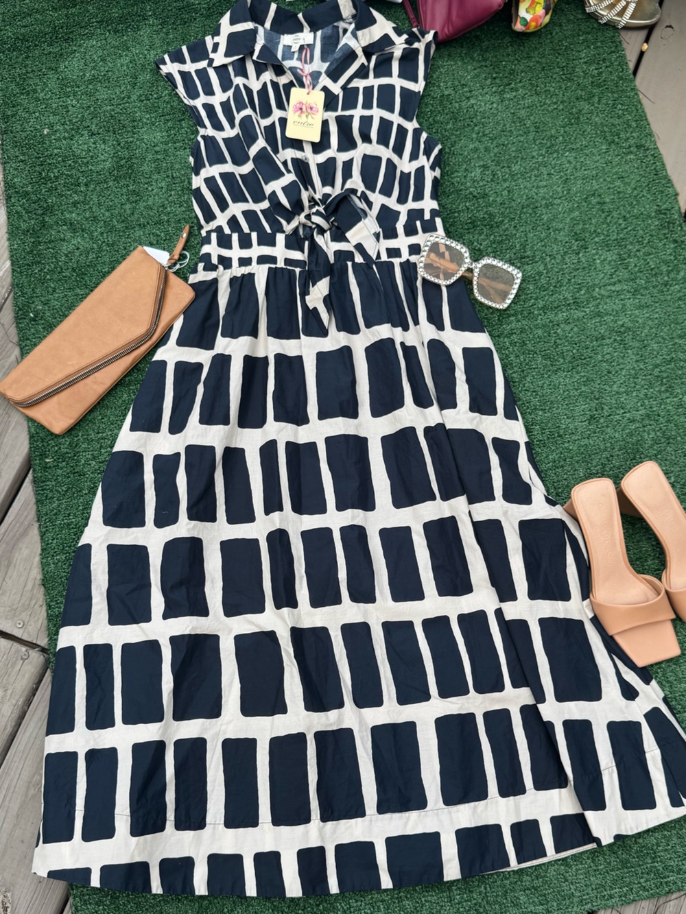 Entro Navy Geometric Dress -  Tie-Front/cutout